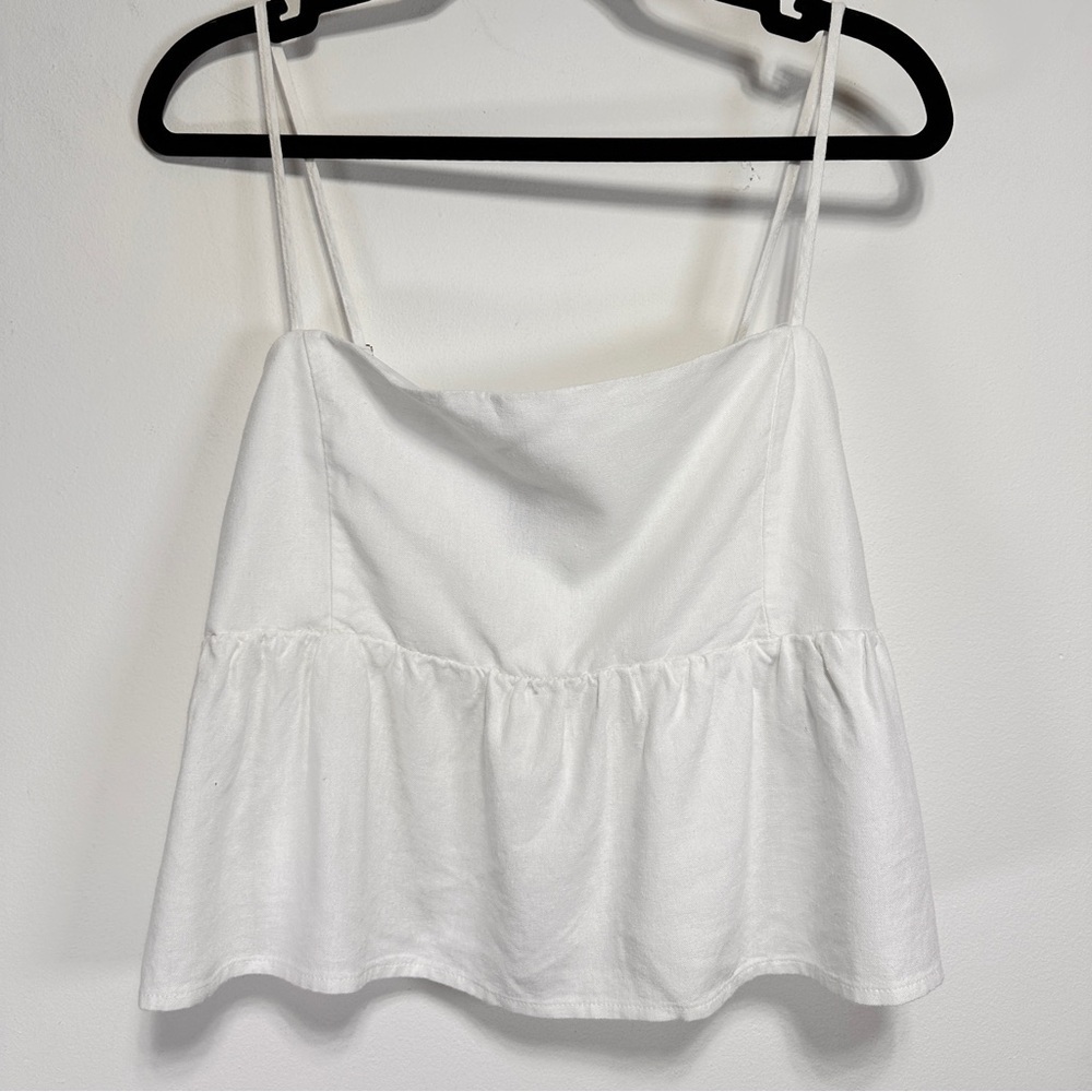 Forever 21 White Linen Peplum Cami Top Ruched Coquette Summer Blouse NWT L